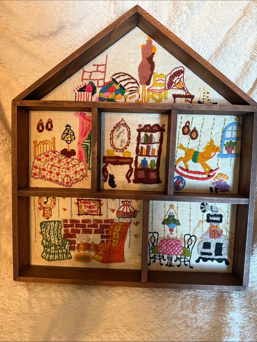 Wooden House-Shaped Shadow Box Shelf in Brown with Multicolor Embroidered Panels